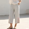 thumbnail image 4 of Utoimkio Women's Cropped Pants Linen Elastic Waist Floral Embroidery Capri Trousers with Side Pockets for Summer Beach Daily Walk, 4 of 9