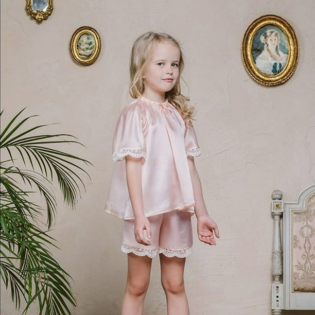 Kids Girls Silk Pajama Set Lace Casual Loose Tops+Shorts Nightwear Sleepwear  Set 