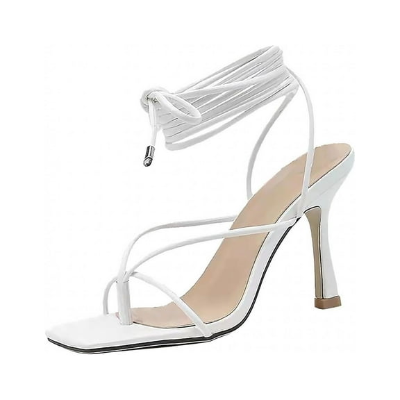 UTTOASFAY Women Narrow Band Square Toe Sandals Cross Strap High Heels V Shap Shoes White 9(41)