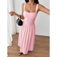 thumbnail image 4 of Petite Womens Solid Pink Square Neck Ruched Flared Maxi Dress For Spring Summer, 4 of 7