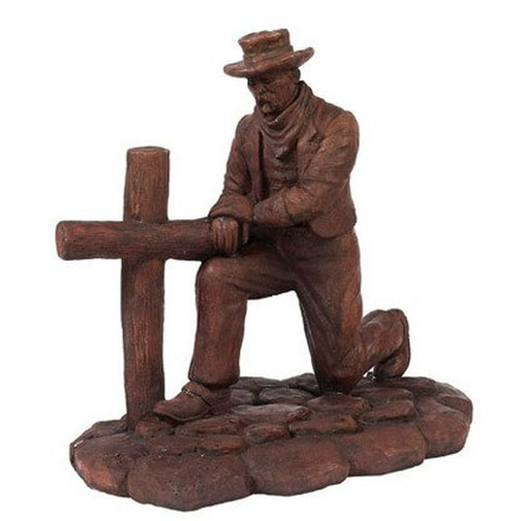 Solid Rock Stoneworks Kneeling Cowboy at Cross Stone Statue 19in Tall Walnut Color