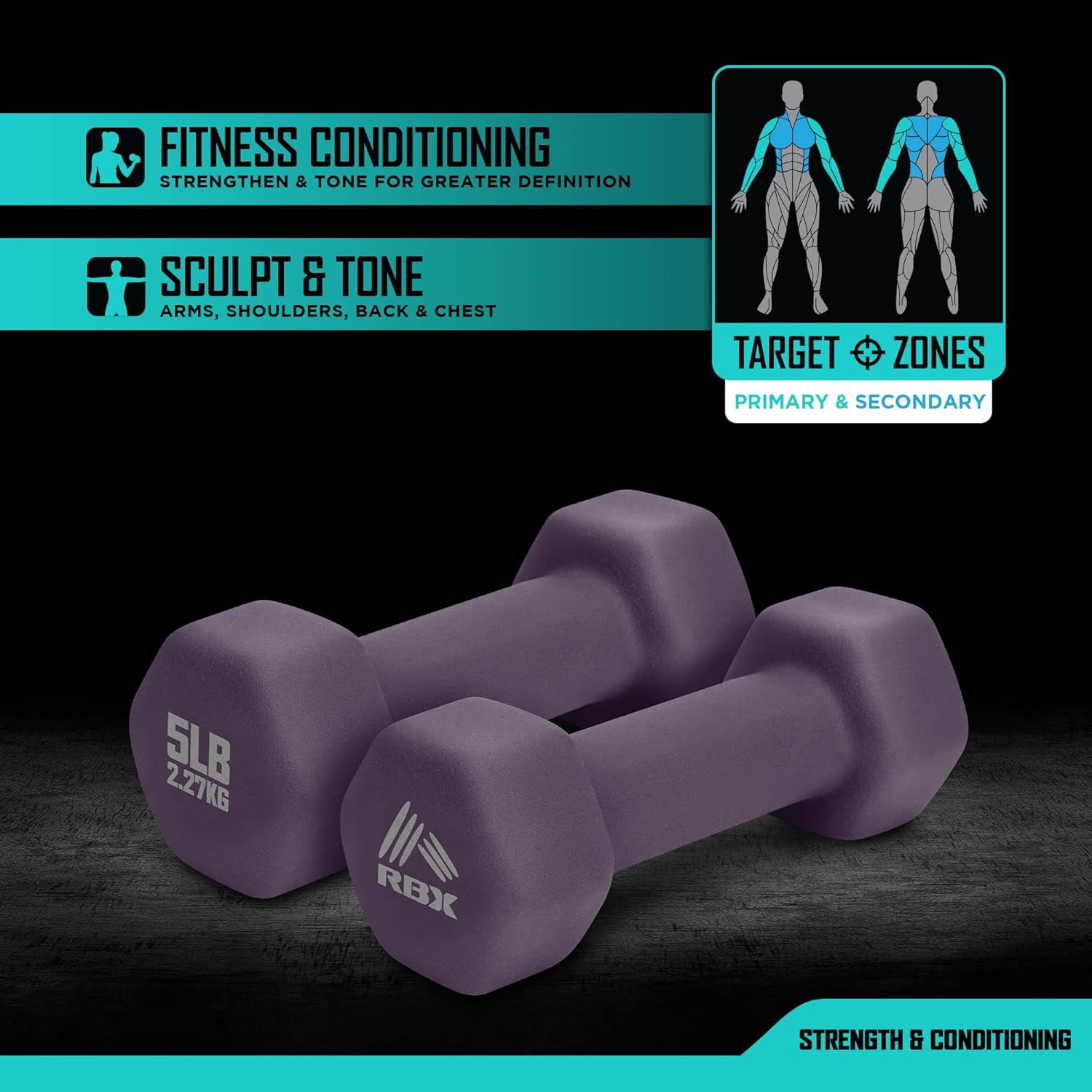RBX Weights Dumbbells Set - Neoprene Arm Weights with Non-Slip Grip, Training, Workout, Fitness, 5lb