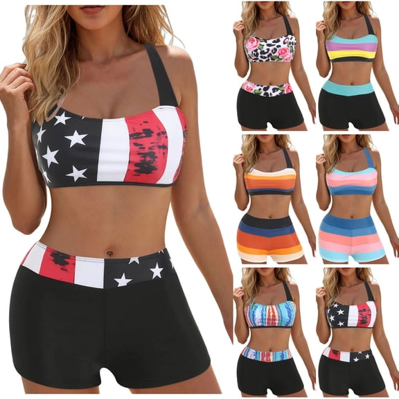 yueewhu Tankini Swimsuits for Women Vintage Printed Tummy Control Bathing Suit Boyshorts Two Peice Modest Swimwear (Blue, S)