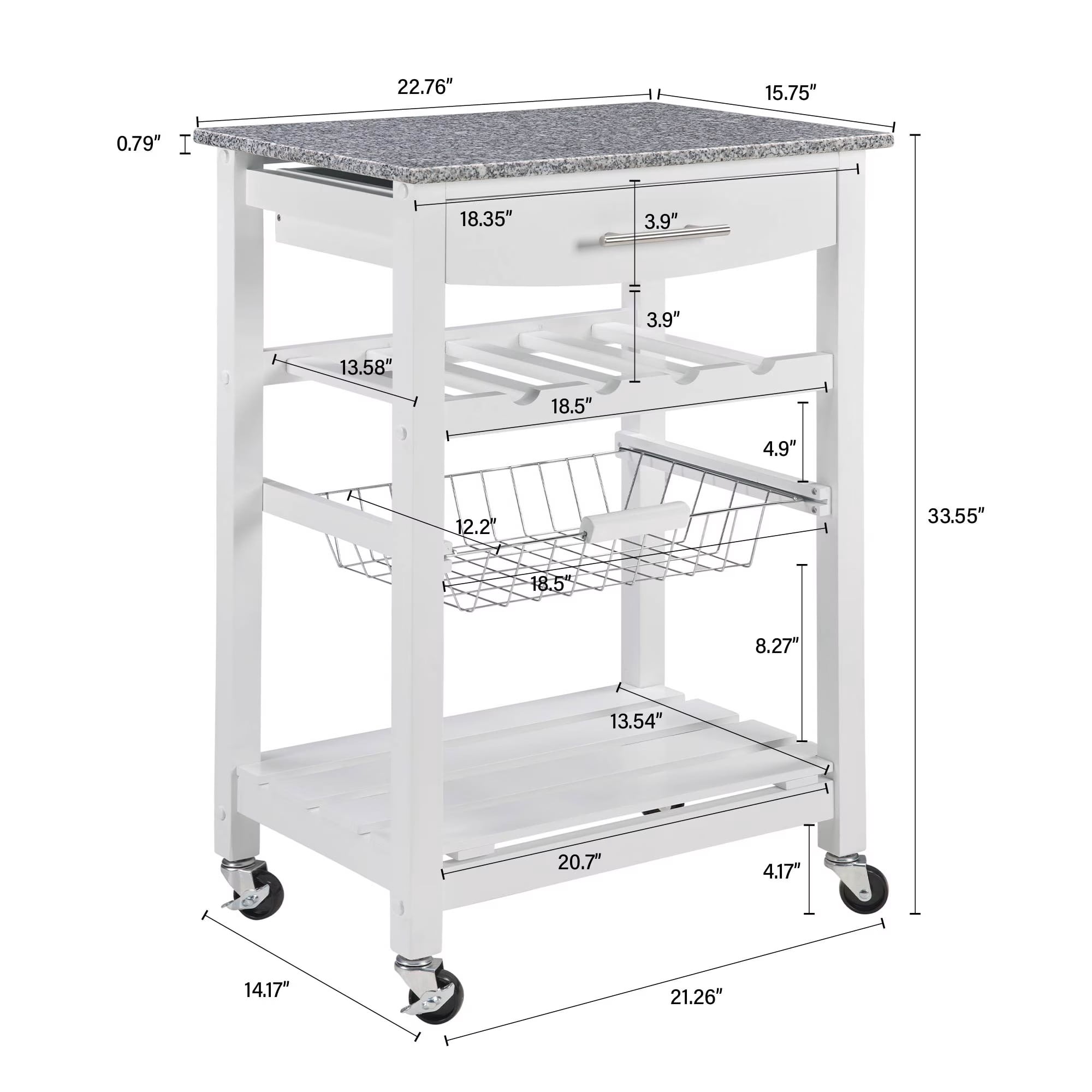 Avobird Kitchen Island Cart, Mobile Kitchen Cart with 22inch Marble Countertop/Underneath Drawer/Slide-Out Wire Storage Basket, White