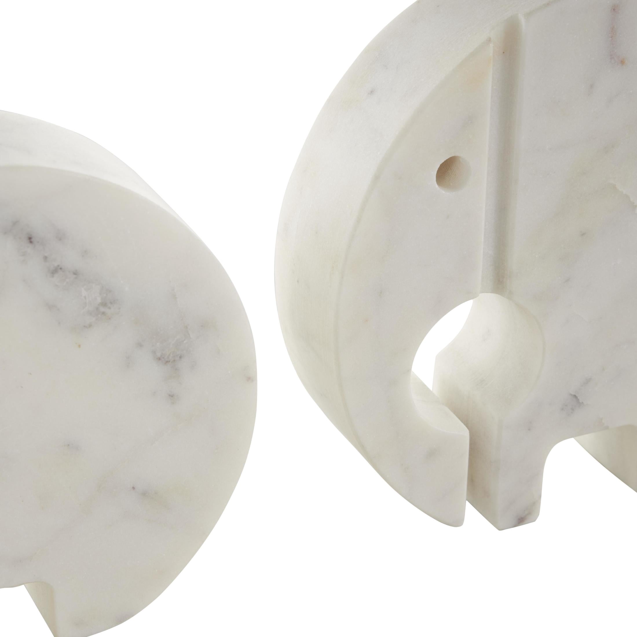 6", 5"H White Marble Circular Abstract Elephant Sculpture with Gray Marble Veins and Cutouts, by DecMode (2 Count)