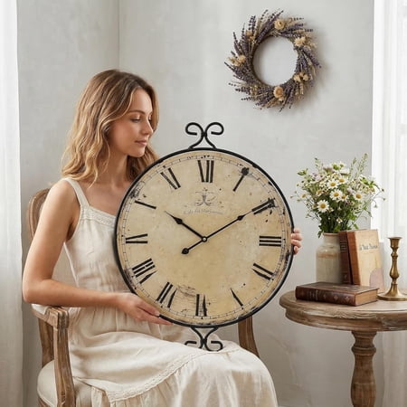 MODE HOME 24 inch Large Farmhouse Wall Clock, Silent Battery Operated Retro Gold Wrought Iron Clock, Vintage Decorative Timepiece for Home Decor
