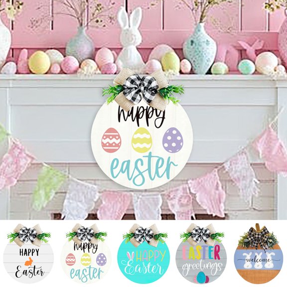GeBuSn Set Of 5 Easter Bunny Wooden Welcome Signs Round Hanging Door Decorations With Floral Wreaths Spring For Front Porch And Home 1pc （A）
