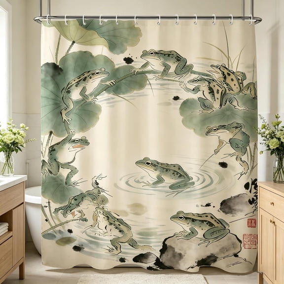 AUQ Funny Green Frog Japanese Shower Curtain 60Wx71L, Hilarious Asian Shower Curtains for Bathroom, Interesting Vintage Retro Shower Curtain Set Home Decor 12 Pack Hooks
