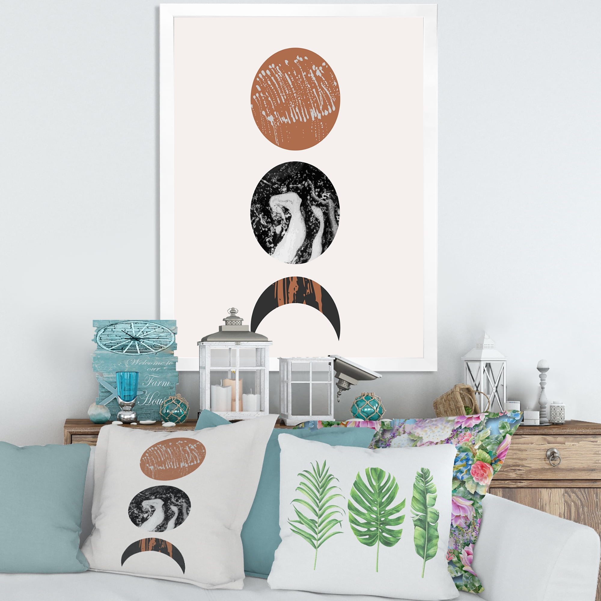 Designart 'Retro Shapes Abstract Moons and Suns' Modern Framed Art Print
