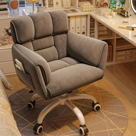 Home Office Chair with Wheels Soft-Touch Material,Modern Cute Vanity Chair with Back Adjustable Height Upholstered Comfy Desk Chairs with Side Pockets for Bedroom,Grey