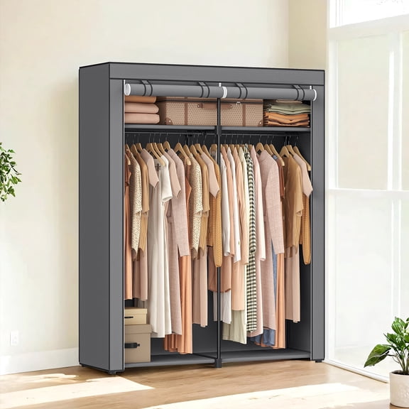 LEDREM Portable Wardrobe Closet with 2 Hanging Rods & Shelves, Non-Woven Fabric Cover, Freestanding Clothing Storage Organizer for Bedroom, Tool-Free Assembly,Grey