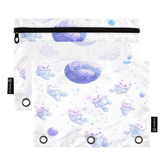 2 Pack 3 Ring Binder Pouch with Clear PVC Window Water Resistant Zipper Pencil Pouch Bear Astronauts Binder Pocket for Classroom Office Home Stationery Organization