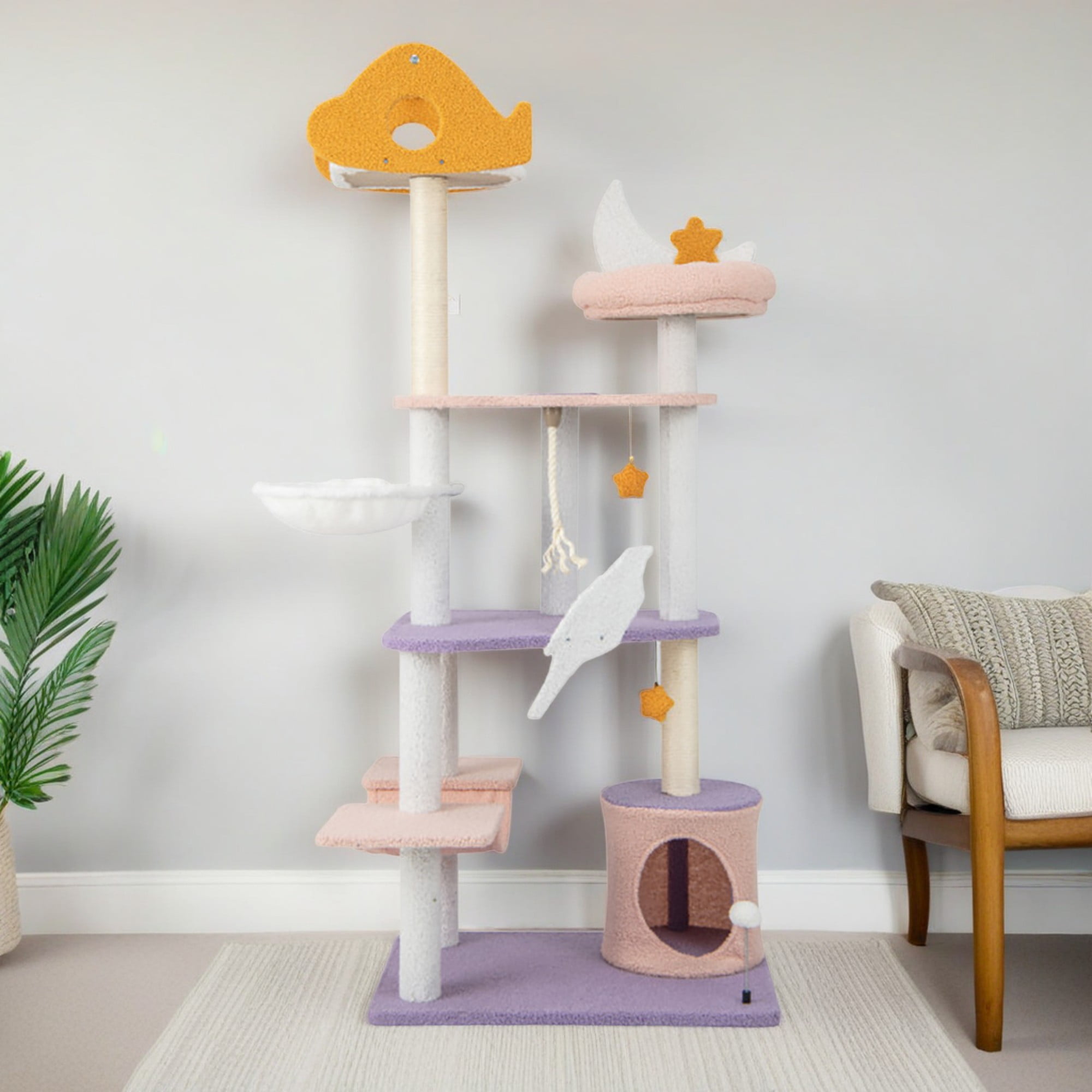 resenkos 66" Cat Tree Tower with Scratching Posts, Cat Condo with Padded Plush Perch, Multi-Platform for Jump Cat Tree House, Purple