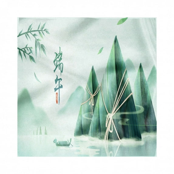 Chinese Decorative Satin Napkins Set of 4, Asian Culture Traditional Rice Dumpling Mountains upon River Scene, Square Fabric Party & Dinner Napkin, 12", Green Pale Green, by Ambesonne
