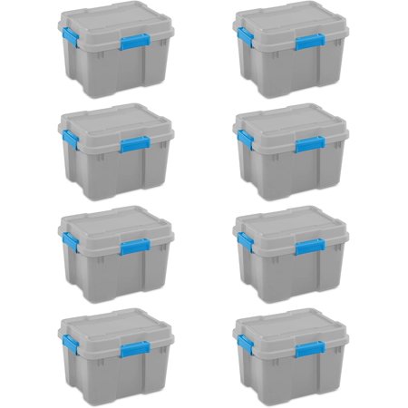20 Gal Gasket Tote, Heavy Duty Stackable Storage Bin with Latching Lid, Plastic Container to Organize Basement, Gray Base and Lid, 8-Pack