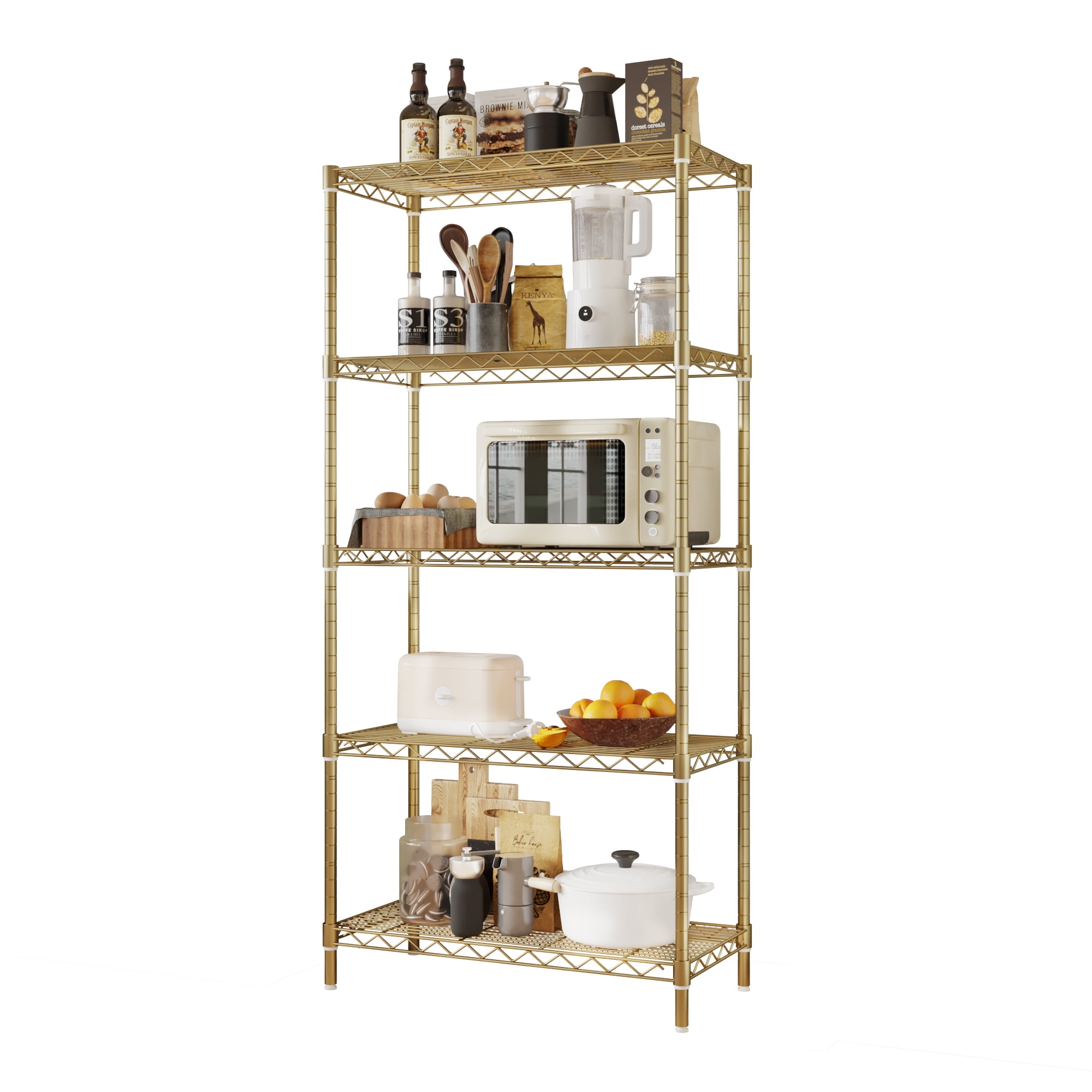5-Tier Heavy Duty Carbon Steel Bakers Rack Adjustable Wire Shelving Unit with Leveling Feet Tool-Free Assembly Multiuse Storage Shelf for Kitchen Garage Pantry