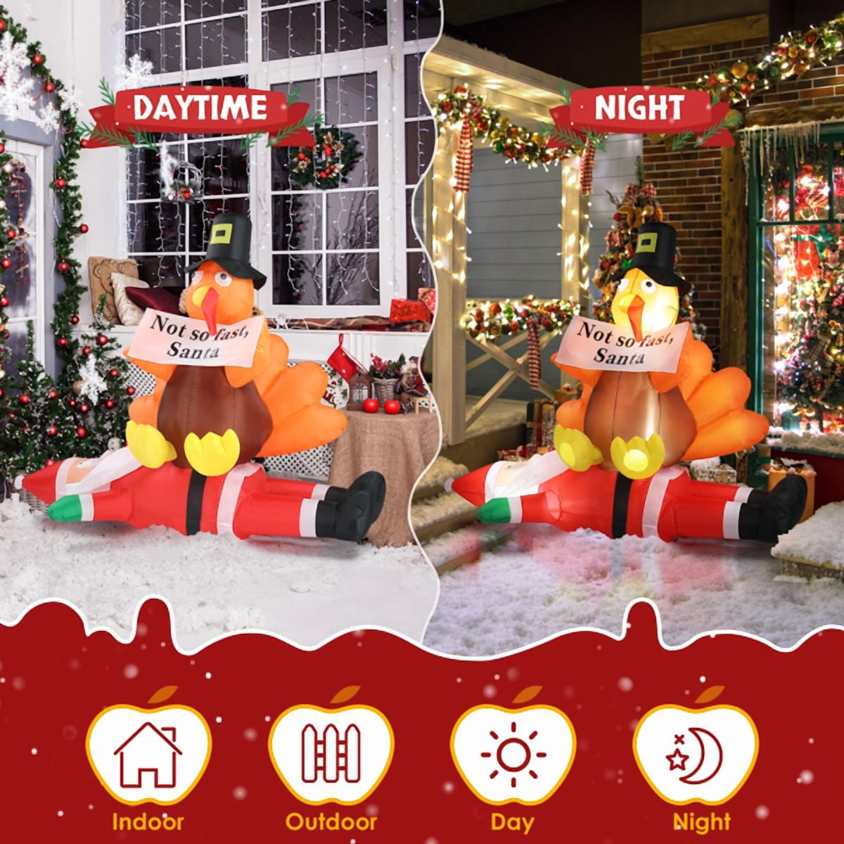 Alvantor 4.9 ft Lighted Christmas Inflatable, Turkey Sitting on Santa with Built-In LEDs, Indoor and Outdoor