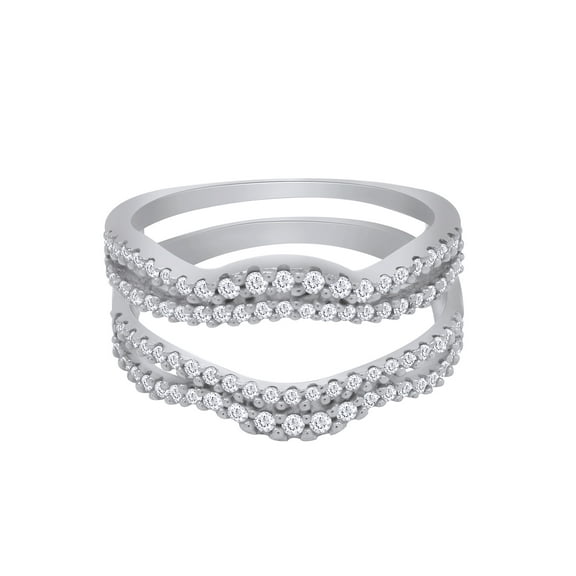 Round Cut White Cubic Zirconia Double Row Chevron Enhancer Guard Ring 14K White Gold Ring Size - 9.5