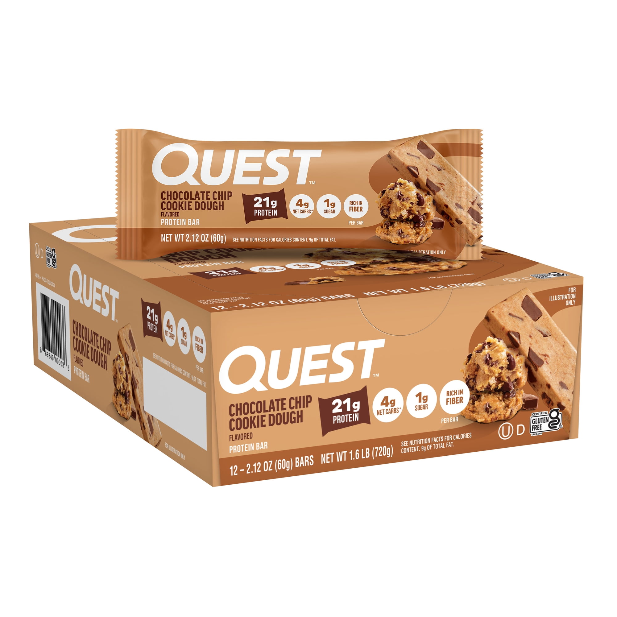 Quest Protein Bar, Chocolate Chip Cookie Dough, 21g Protein, Gluten Free, 12 Count