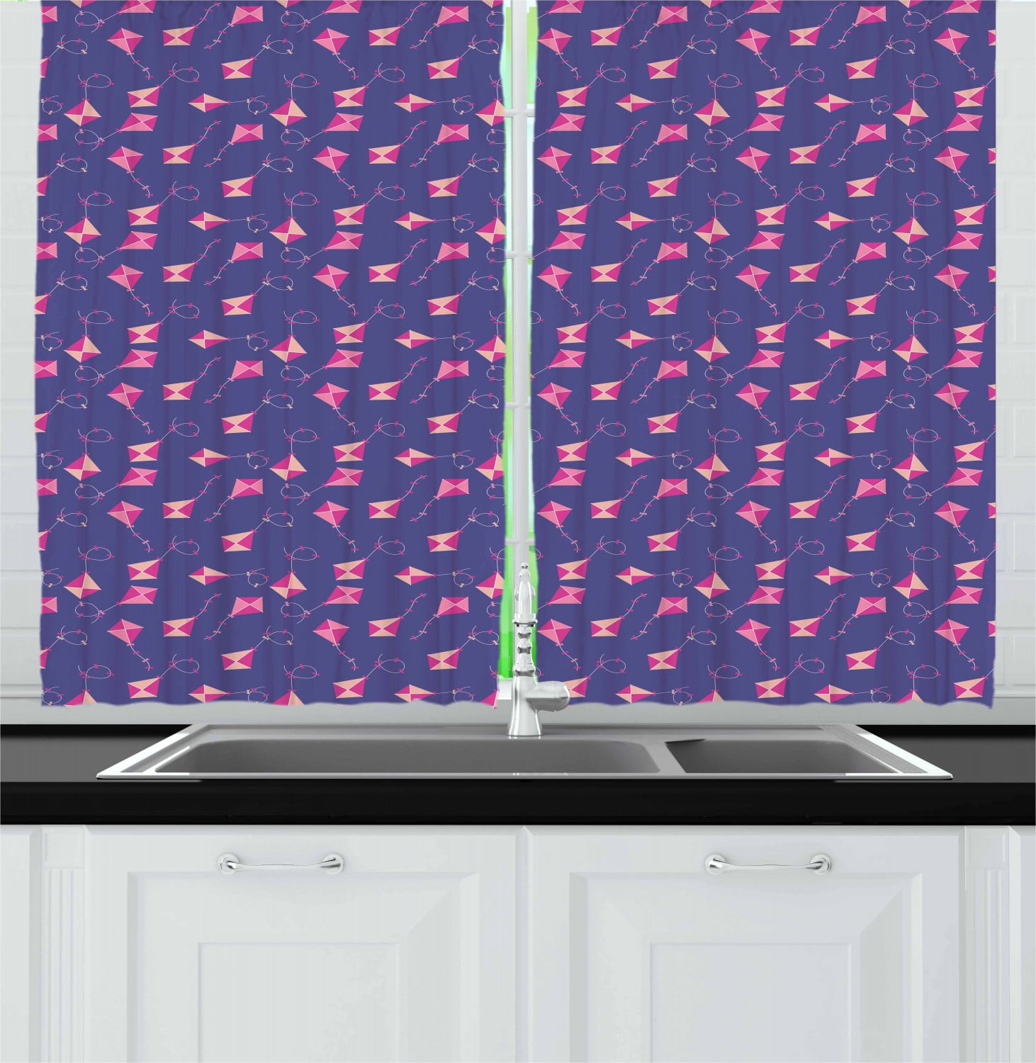 Kites Curtains 2 Panels Set, Pink Tone Kites Pattern with Geometric Lines and Ribbons Festive