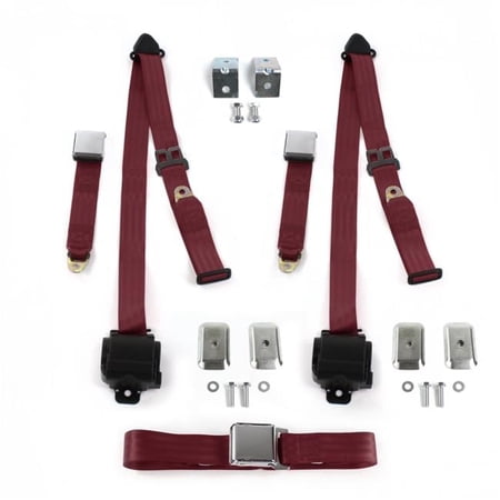 Jeep Wrangler 1987-1996 Airplane 3 Point Burgandy Retractable Bench Seat Belt Kit with Bracketry - 3 Belts