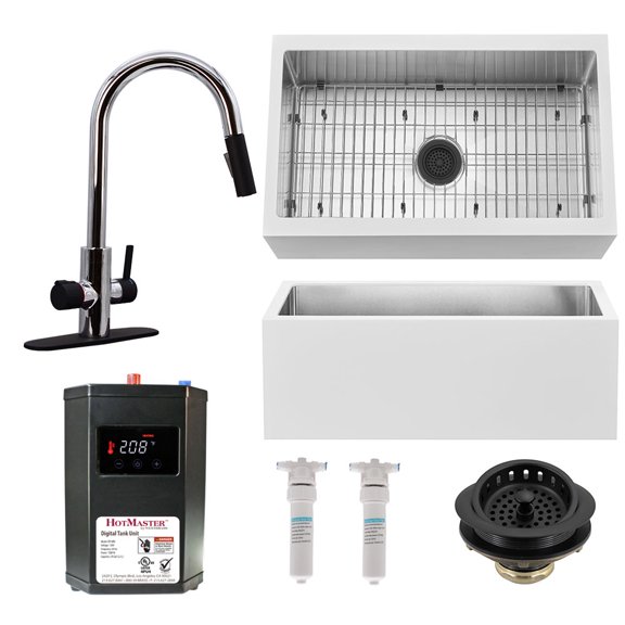 Westbrass 30" Stainless Steel/Solid Surface Kitchen Sink Kit, Polished Chrome /Matte Black
