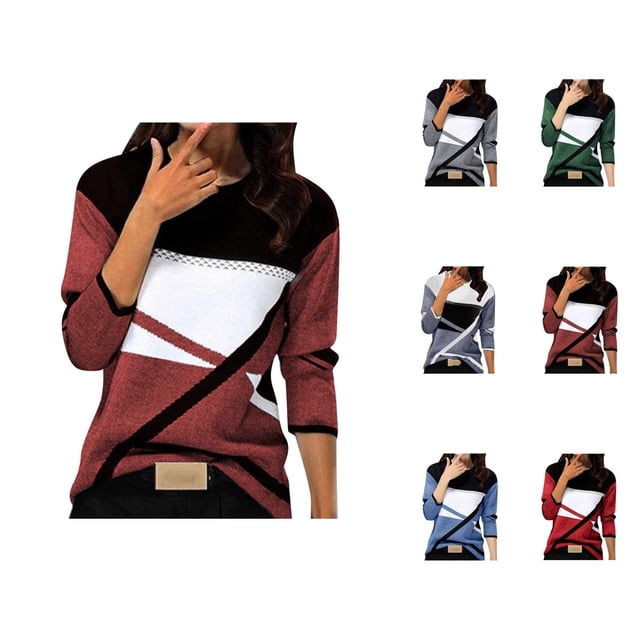 Color Block Women Long Sleeve Top 2026 Trendy Geometry Graphic Crewneck Sweatshirt Pullover