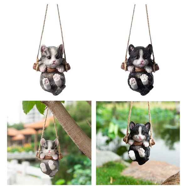2 uds resina colgante columpio estatua de gato escultura Animal para decoración al aire libre gris y negro Sharpla Escultura de gato al aire libre