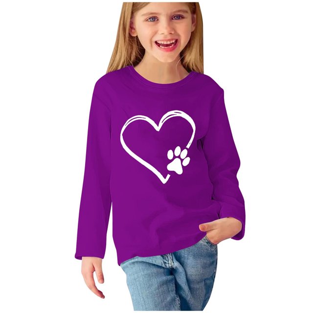 MeetoTime Hauts à Manches Longues pour Filles Printemps Automne Col Ras du Cou Tunique Habillée à Imprimé Cœur Chandail de Dessous pour Enfants