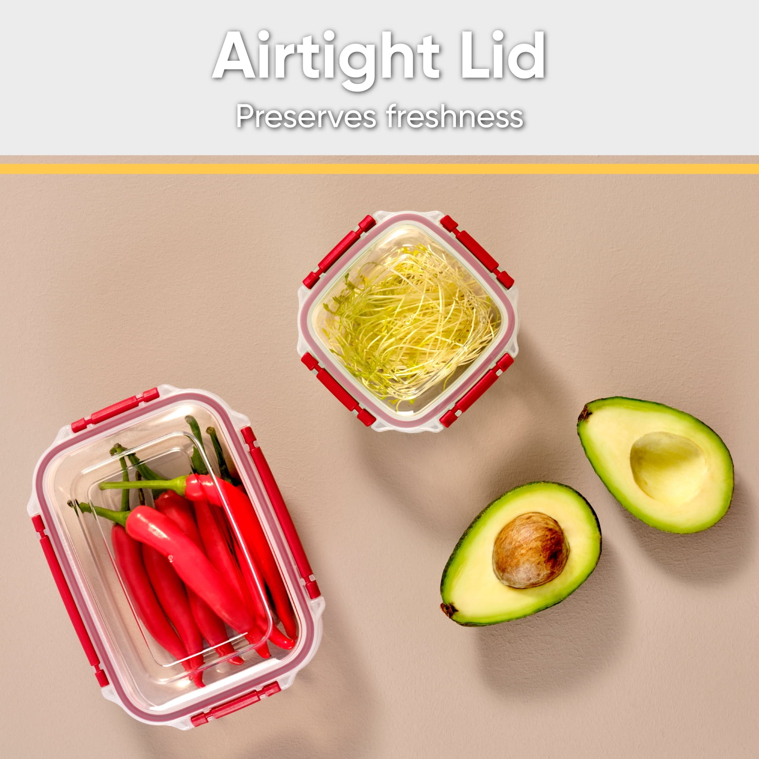Superio Lock and Fresh Airtight Food Storage Containers with Lids for Kitchen Pantry Organization , BPA Free, Lunch, and Meal Prep Plastic Containers, 16 oz. Square Sealed Container, Red, 6 pack