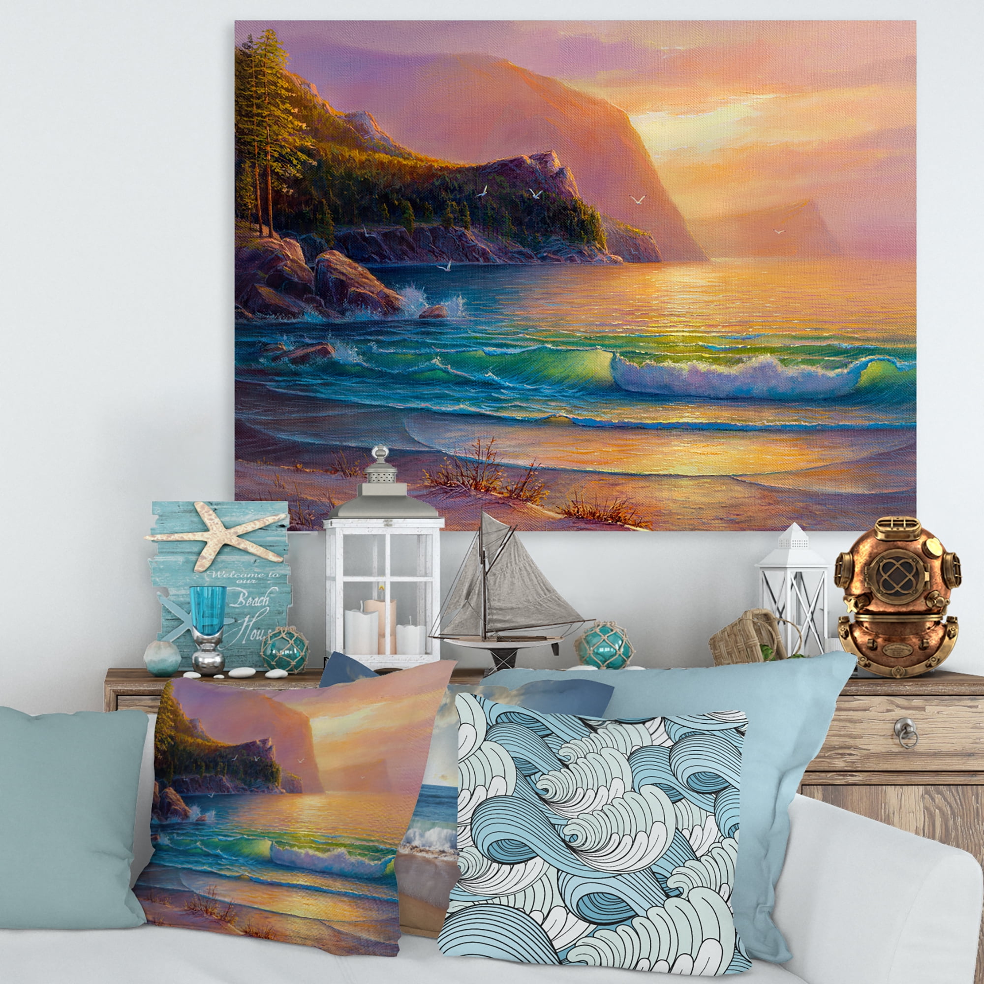Designart ' Romantic Beach During Warm Evening ' Nautical & Coastal Canvas Wall Art Print