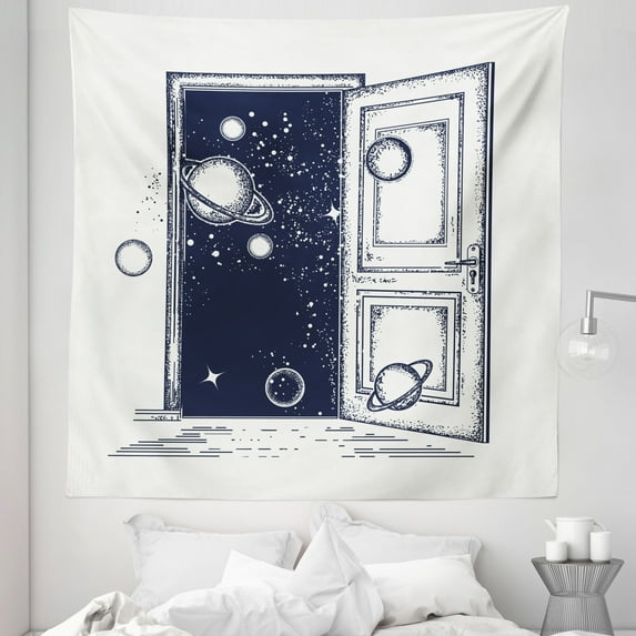 White Boho Tapestry, Door is Open to the Universe Space Planets Hidden Worlds Artwork Illustration, Fabric Wall Hanging Decor for Bedroom Living Room Dorm, 5 Sizes, Indigo, by Ambesonne