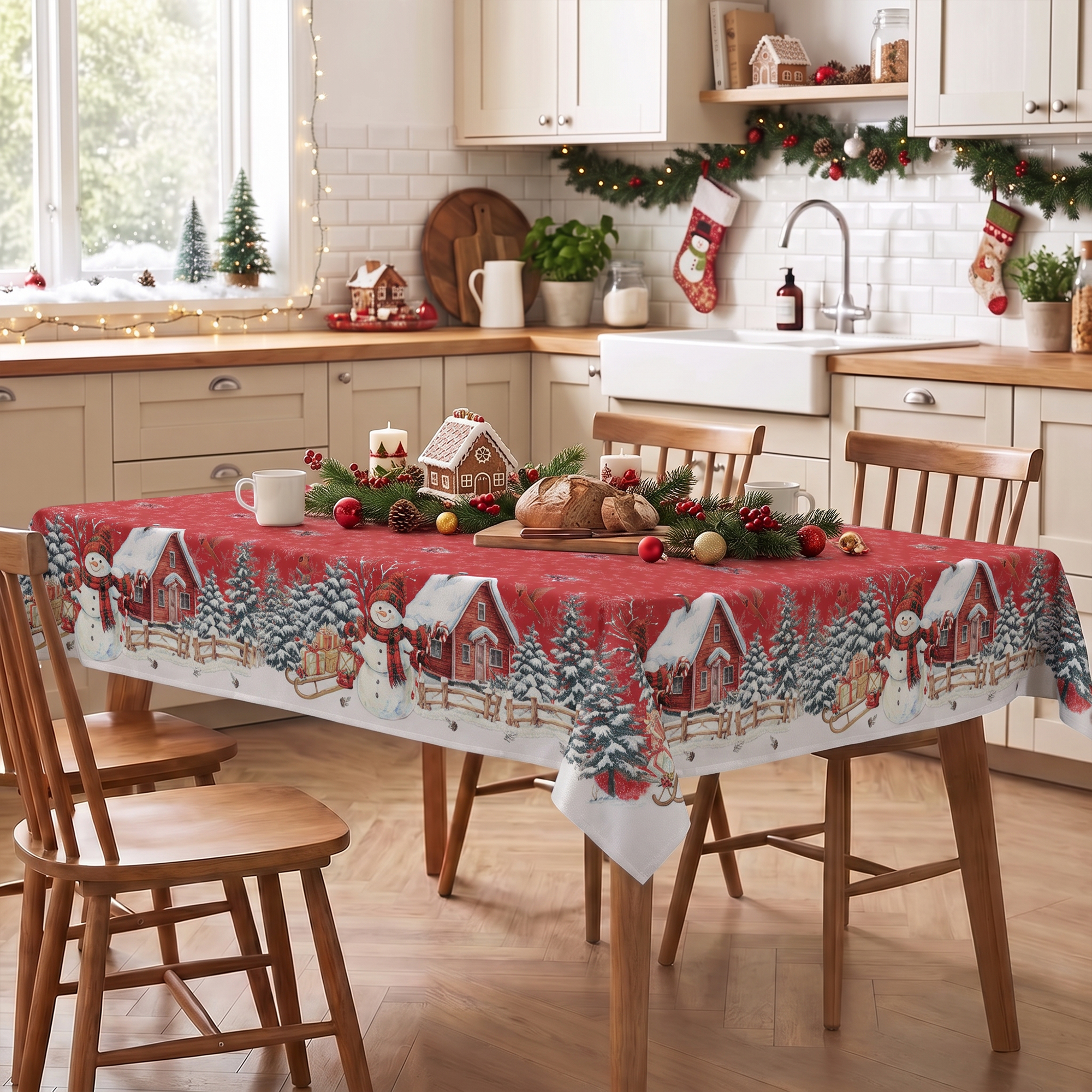 Sm:)e Tree Snowman Christmas Tablecloth 60x60 Inch photo 3