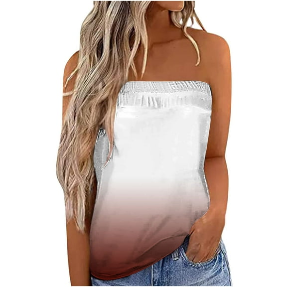 USSUMA T-Shirts for Women Trendy,Women's Tube Tops Gradient Bandeau Ombre Strapless Shirt Sleeveless Backless Tanks Blouse