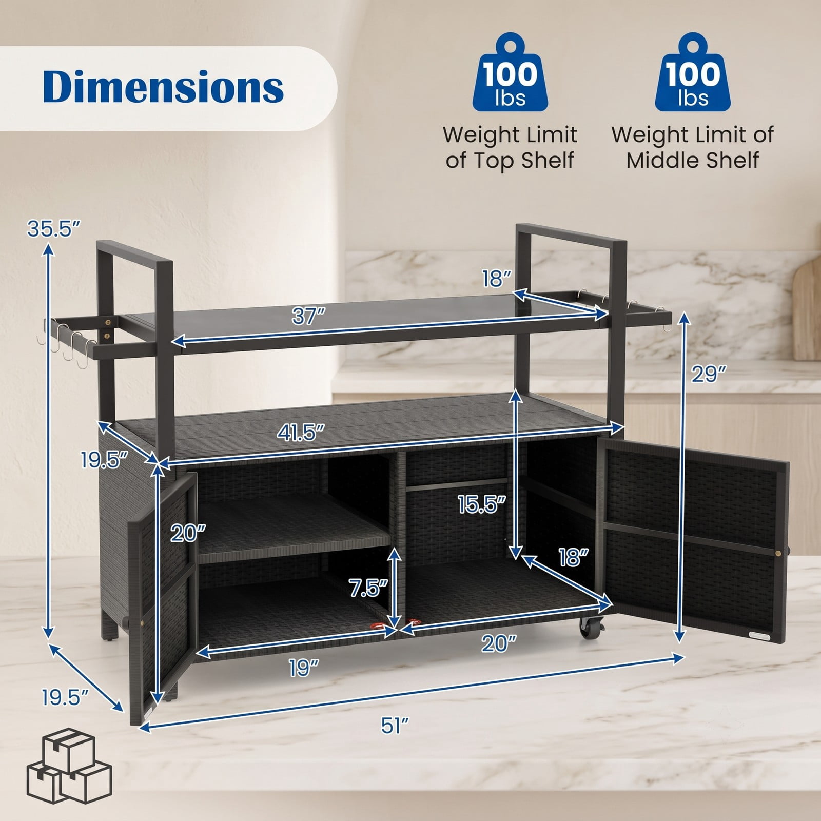 Furnibear Outdoor Bar Cart, Wicker Buffet Serving Cart with Tempered Glass Top, 2-Door Cabinet, Open Shelf and 8 Removable Hooks, Rolling PE Rattan Kitchen, Black