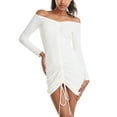 thumbnail image 4 of Plus Size Summer Dress Women off Shoulder Mini Dress - Long Sleeve Ruched Front Drawstring Bodycon Dress White L, 4 of 8