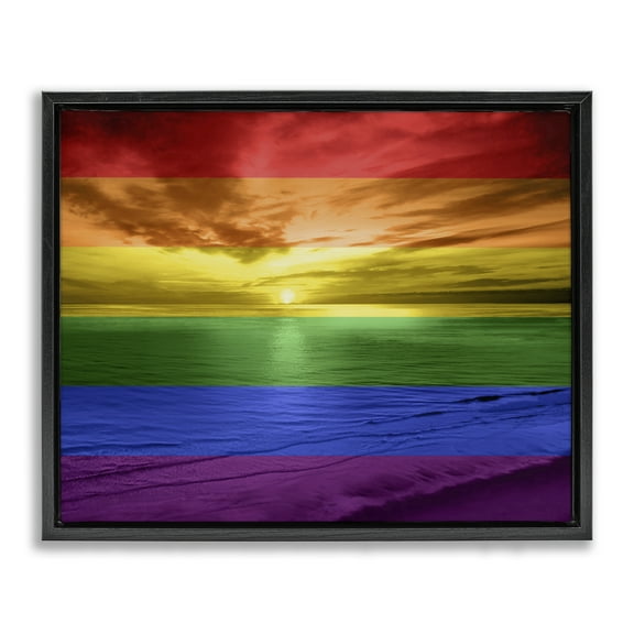 Stupell Industries Rainbow Sunset Beach Coastal Painting Black Floater Framed Art Print Wall Art, 21 x 17
