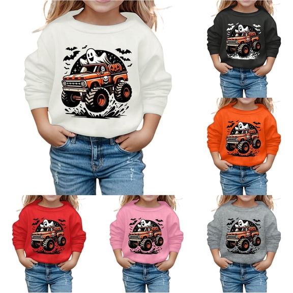 Oiyii Toddler Boy's Ghost Truck Sweatshirt Crew Neck Sweatshirts Halloween Pullover Sweatshirt,White