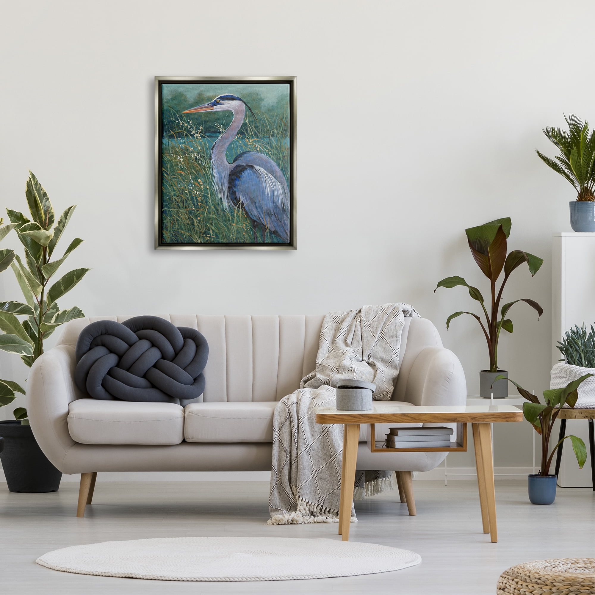 Stupell Industries Heron at Lake Painting Animals & Insects Painting Gray Floater Framed Canvas Art Print Wall Art, 25 x 31