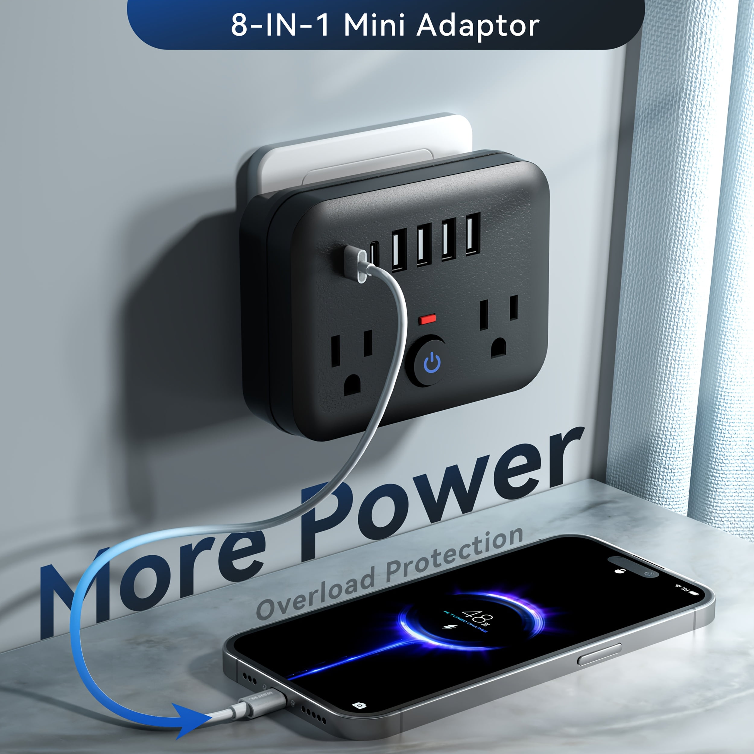 Mini Surge Protector Power Strip: 8-in-1 with 2 AC Outlets, 4 USB Ports, 2 USB-C, Overload Protection, Wall Mount, US Plug for Travel, Home, Office - Black