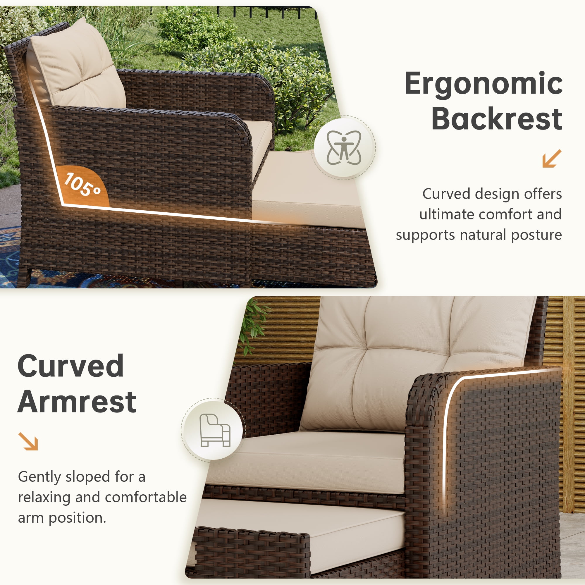 LHBcraft Balcony Furniture 5 Piece Patio Conversation Set, PE Wicker Rattan Outdoor Lounge Chairs with Soft Cushions 2 Ottoman&Glass Table for Porch, Lawn-Brown Wicker (Brown)