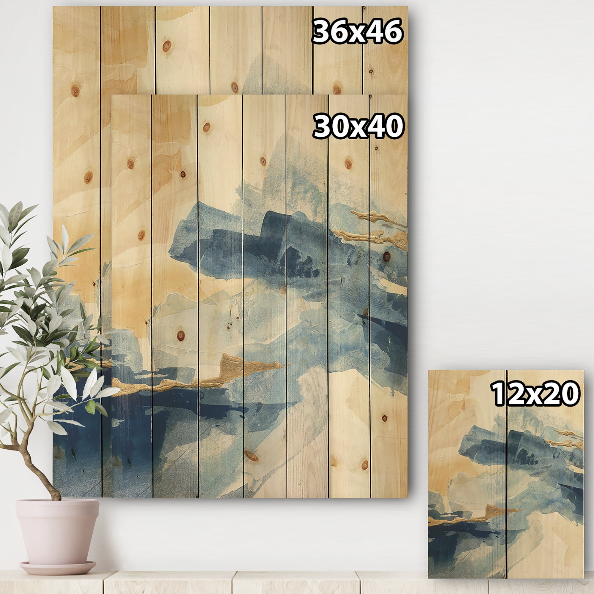 Designart 'Metallic Gold Indigo II' Modern Glam Print on Natural Pine Wood