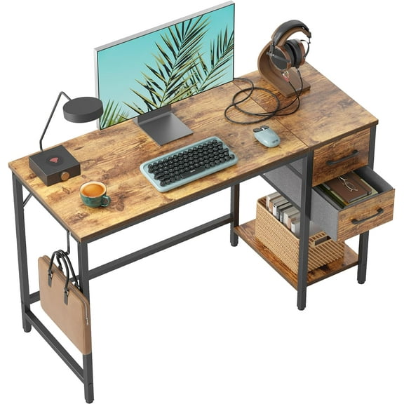 Computer Desk with 2 Drawers, 40 Inch Small Home Office Desk Study Writing Table, Rustic Brown