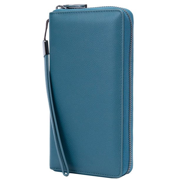 Cartera Bveyzi de piel con bloqueo RFID para mujer, color azul lago
