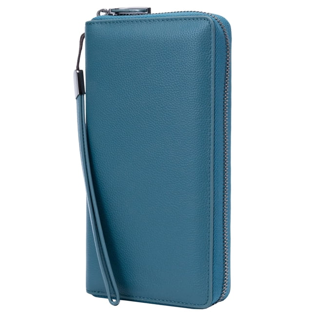 Cartera Bveyzi de piel con bloqueo RFID para mujer, color azul lago