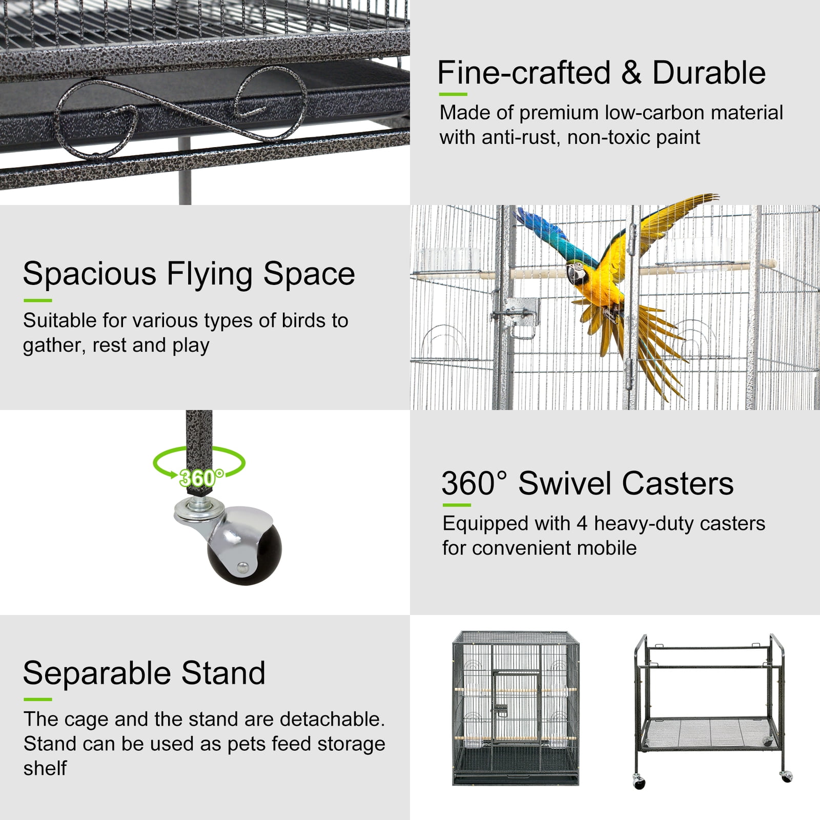LINJH 53-inch Bird Cage w/Rolling Stand & Storage Shelf Large Wrought Iron Parrot Cage-Black