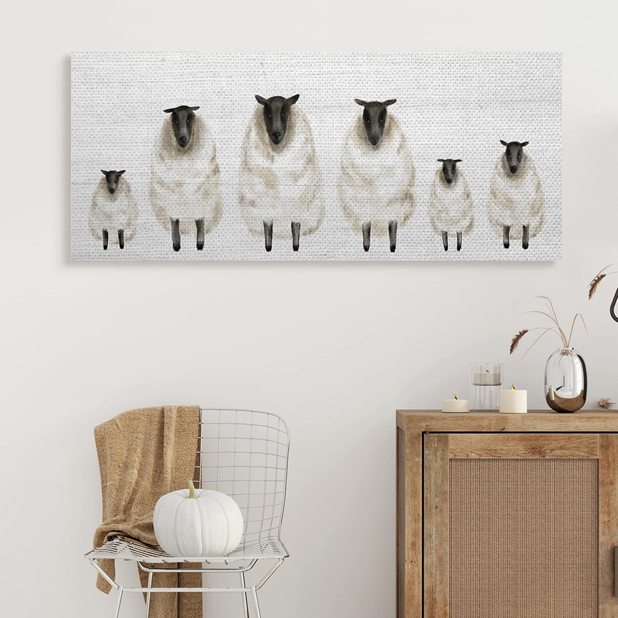 Stupell Industries Fluffy Farm Sheep Minimal White Plank Pattern Animals & Insects Painting Gallery Wrapped Canvas Art Print Wall Art, 17 x 40