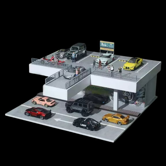 Diorama 1/64 Scale Car Garage Model, Double Fenced Open Parking Lot Scene Display Model,Die-cast Car Model Collection Home Decor Toys