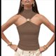 thumbnail image 1 of Tops Sin Mangas con Cuello Halter, Plisados y Torcidos para Mujer, Modernos, Ajustados, Sin Mangas, con Aberturas, para Discoteca Marrón L, 1 of 10