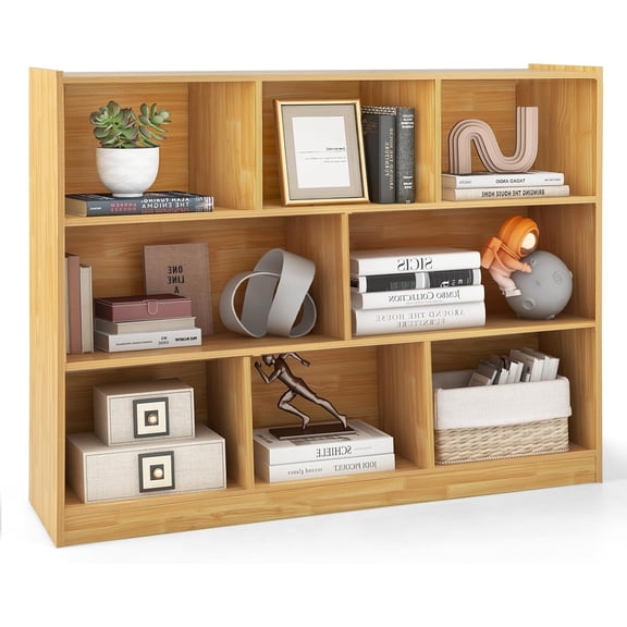 8 Cubes Organizer Bookcase, 3-Tier Low Bookshelf with Anti-Title Device, Floor Standing Storage Cabinet, Wooden Book Display Shelf, Horizontal Bookcase for Classroom, Office, Yellow